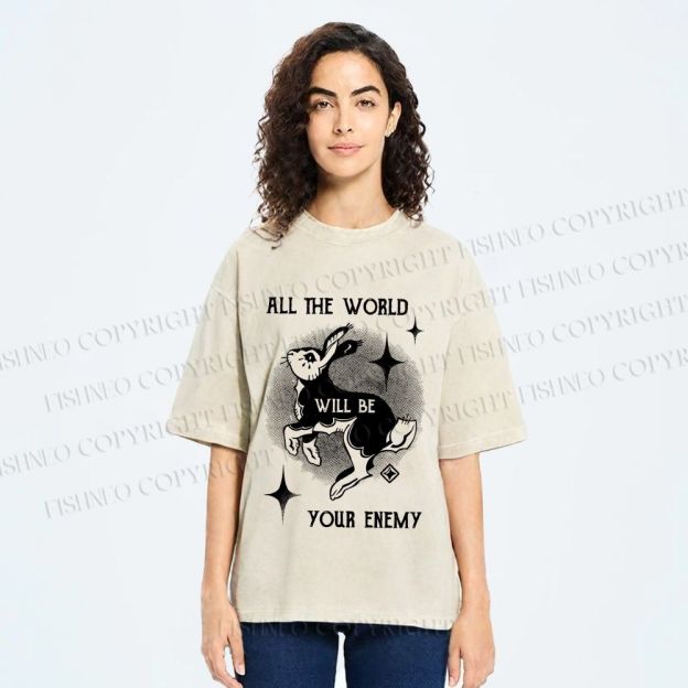 Unisex Shining Rabbit All the World Will Be Your Enemy Bunny Printed Washed Tee