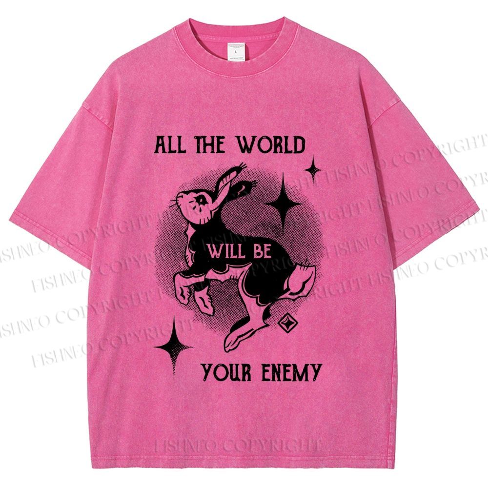 Unisex Shining Rabbit All the World Will Be Your Enemy Bunny Printed Washed Tee