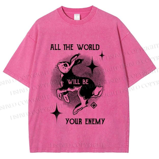 Unisex Shining Rabbit All the World Will Be Your Enemy Bunny Printed Washed Tee