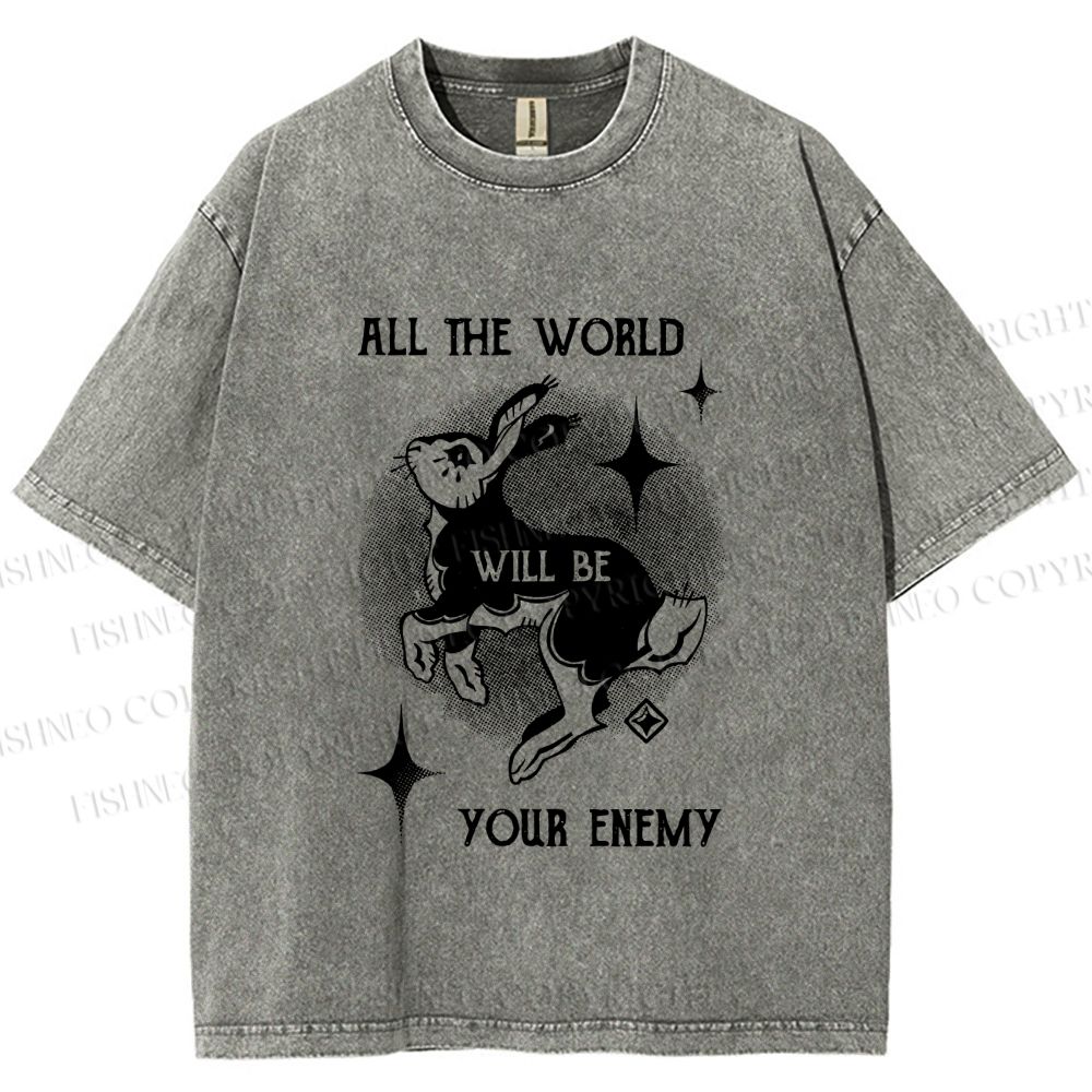 Unisex Shining Rabbit All the World Will Be Your Enemy Bunny Printed Washed Tee
