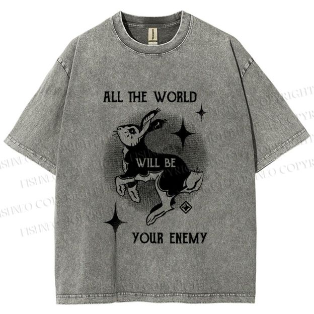 Unisex Shining Rabbit All the World Will Be Your Enemy Bunny Printed Washed Tee