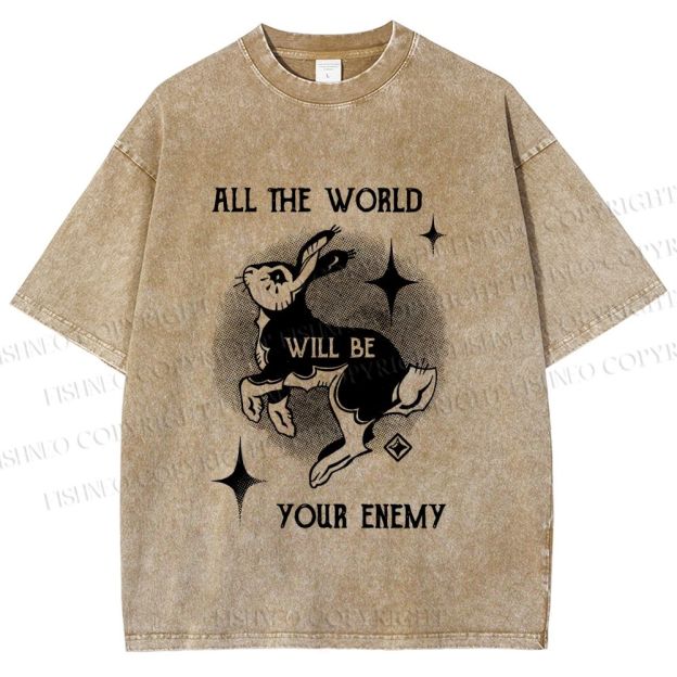 Unisex Shining Rabbit All the World Will Be Your Enemy Bunny Printed Washed Tee