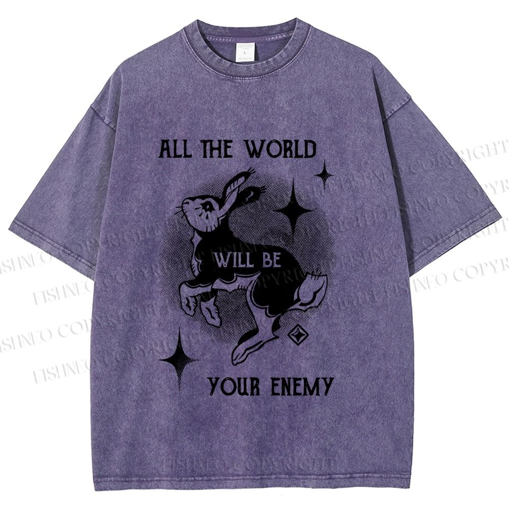 Unisex Shining Rabbit All the World Will Be Your Enemy Bunny Printed Washed Tee