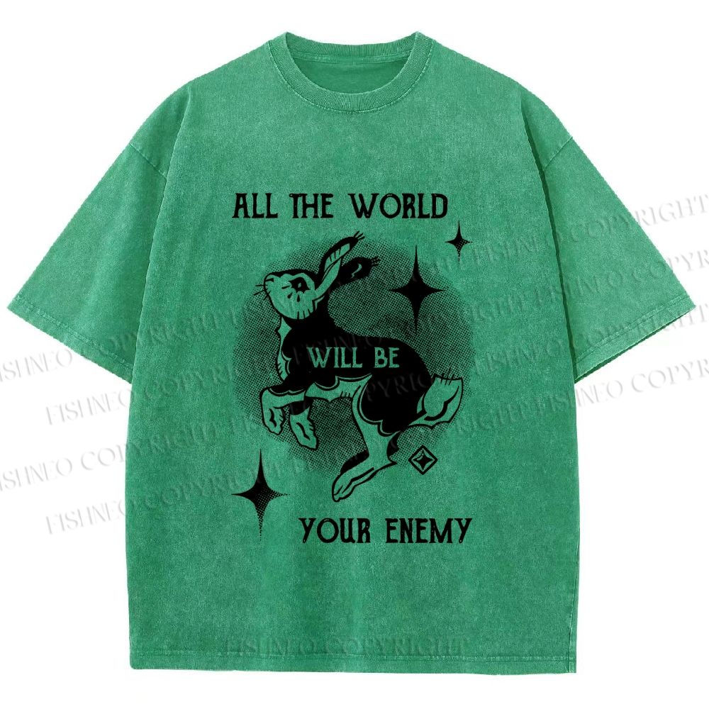 Unisex Shining Rabbit All the World Will Be Your Enemy Bunny Printed Washed Tee
