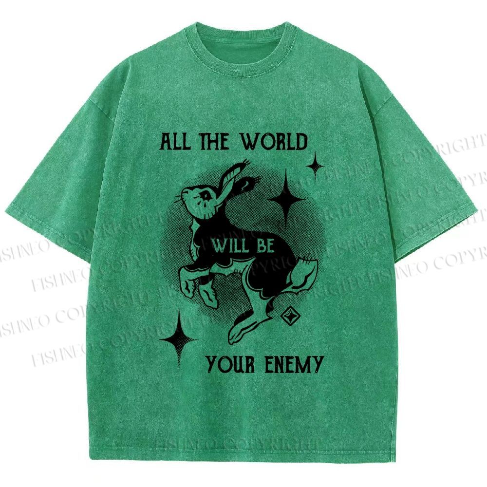Unisex Shining Rabbit All the World Will Be Your Enemy Bunny Printed Washed Tee