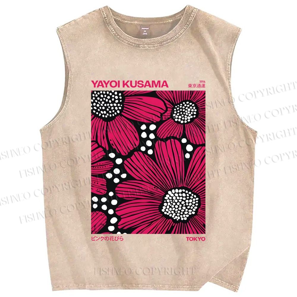 Unisex Yayoi Kusama Giant Pink Flowers Printed Washed Tank Top