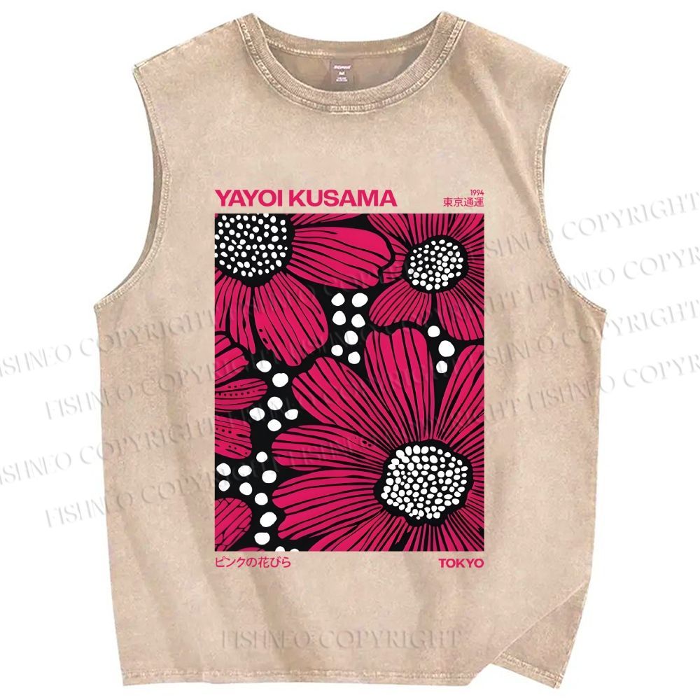 Unisex Yayoi Kusama Giant Pink Flowers Printed Washed Tank Top