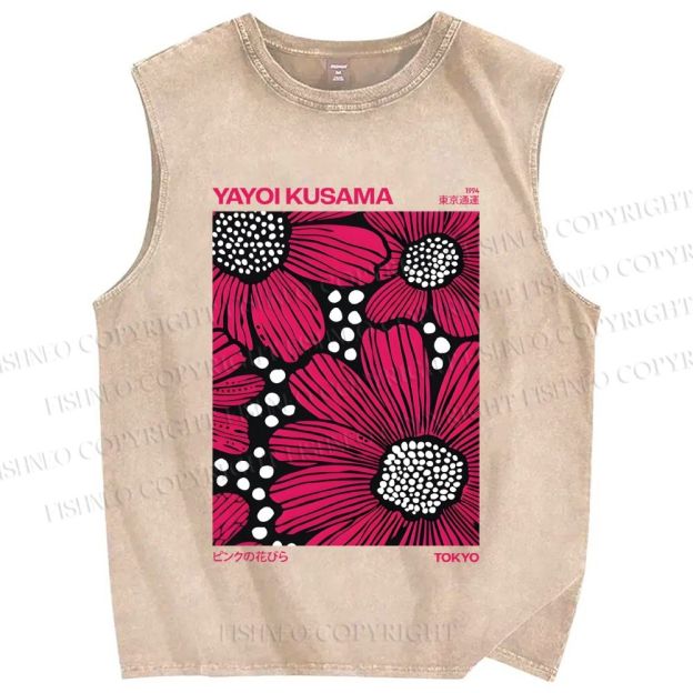 Unisex Yayoi Kusama Giant Pink Flowers Printed Washed Tank Top
