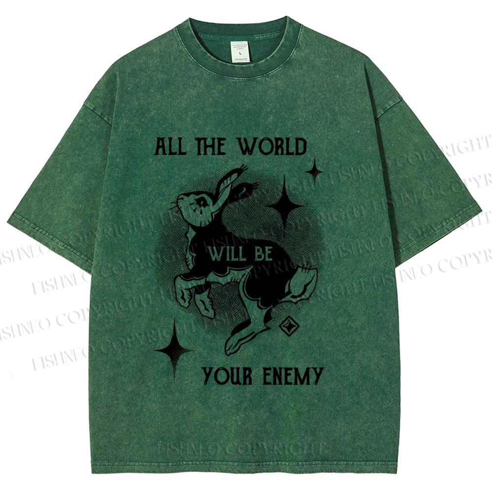 Unisex Shining Rabbit All the World Will Be Your Enemy Bunny Printed Washed Tee