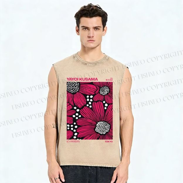 Unisex Yayoi Kusama Giant Pink Flowers Printed Washed Tank Top