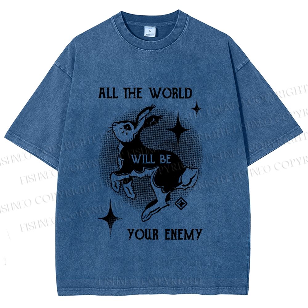 Unisex Shining Rabbit All the World Will Be Your Enemy Bunny Printed Washed Tee