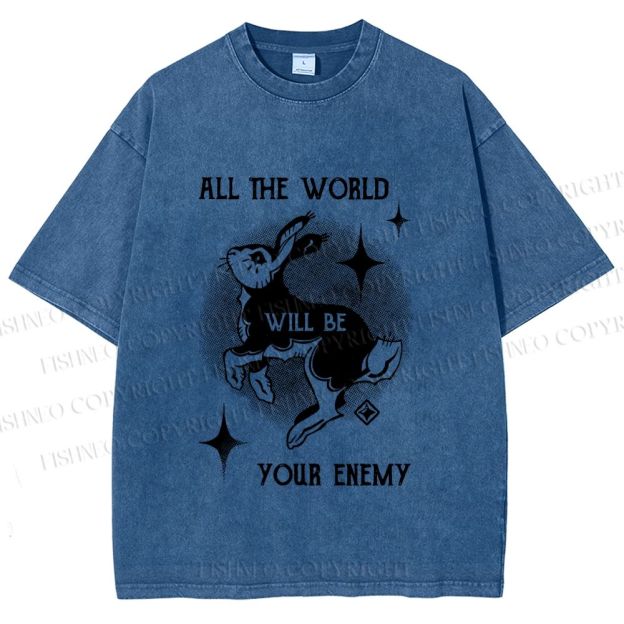 Unisex Shining Rabbit All the World Will Be Your Enemy Bunny Printed Washed Tee