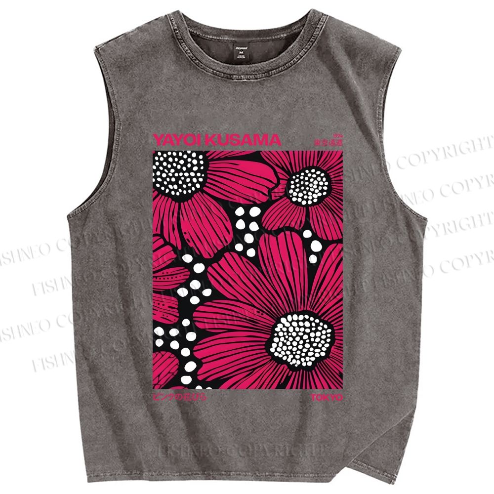 Unisex Yayoi Kusama Giant Pink Flowers Printed Washed Tank Top