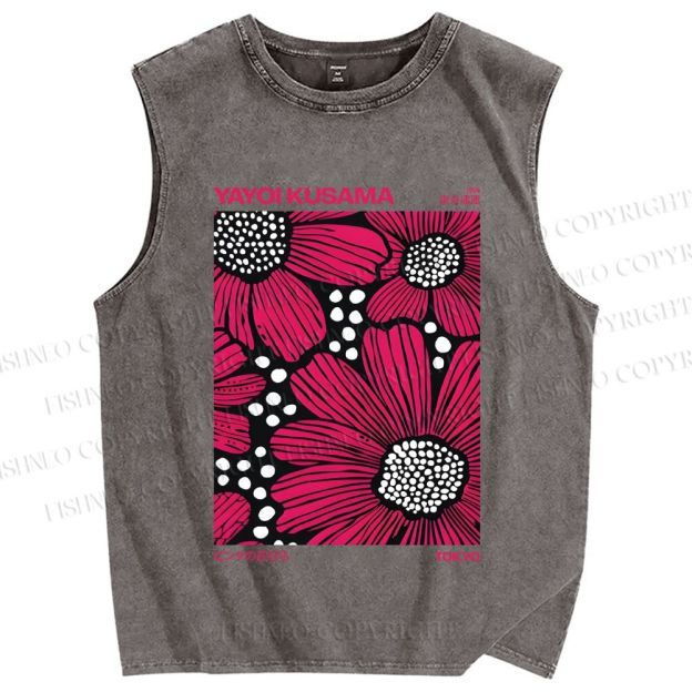 Unisex Yayoi Kusama Giant Pink Flowers Printed Washed Tank Top