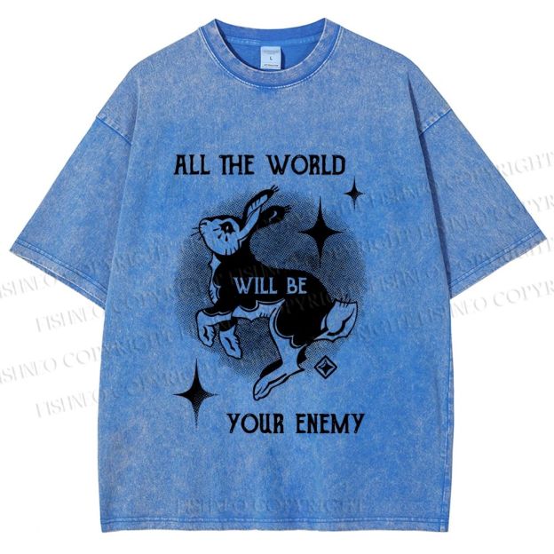 Unisex Shining Rabbit All the World Will Be Your Enemy Bunny Printed Washed Tee