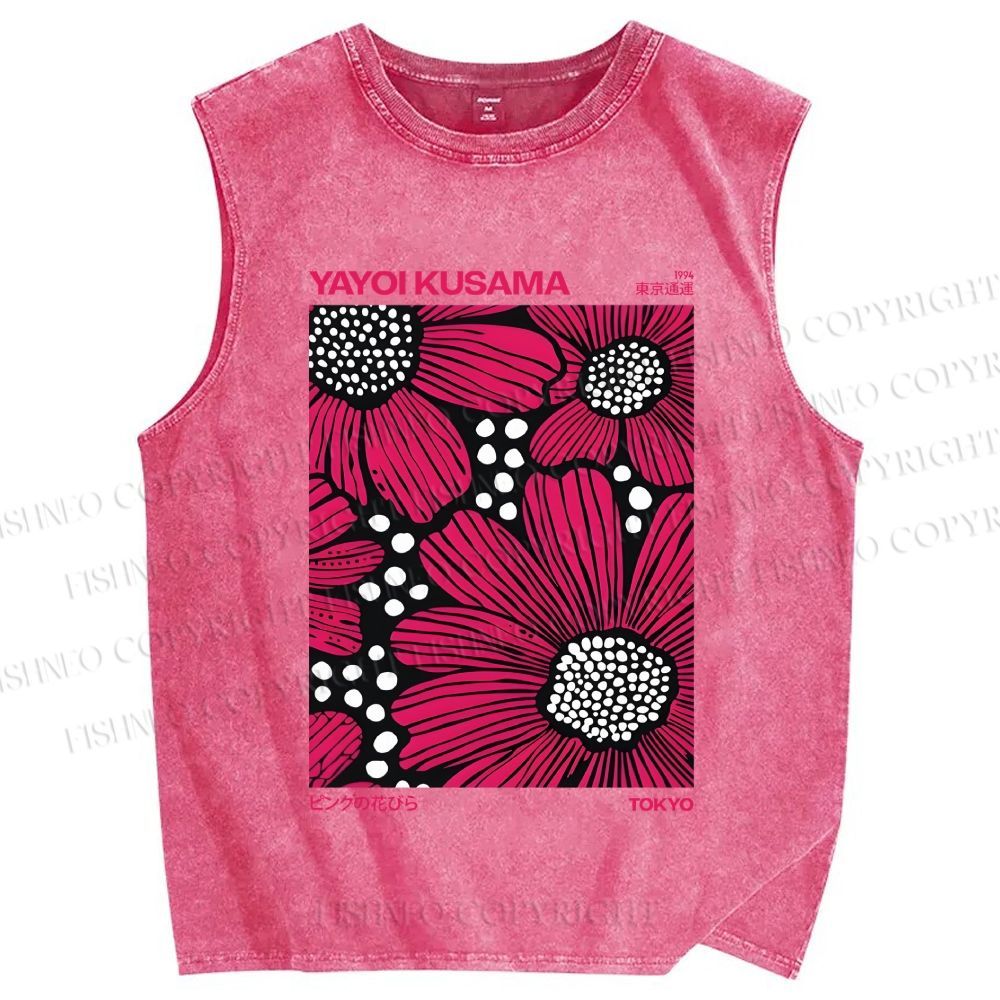 Unisex Yayoi Kusama Giant Pink Flowers Printed Washed Tank Top