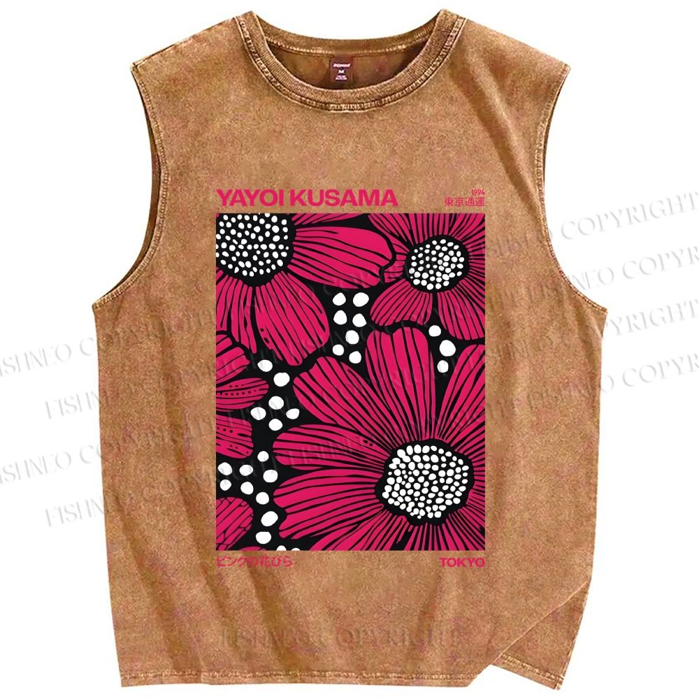 Unisex Yayoi Kusama Giant Pink Flowers Printed Washed Tank Top