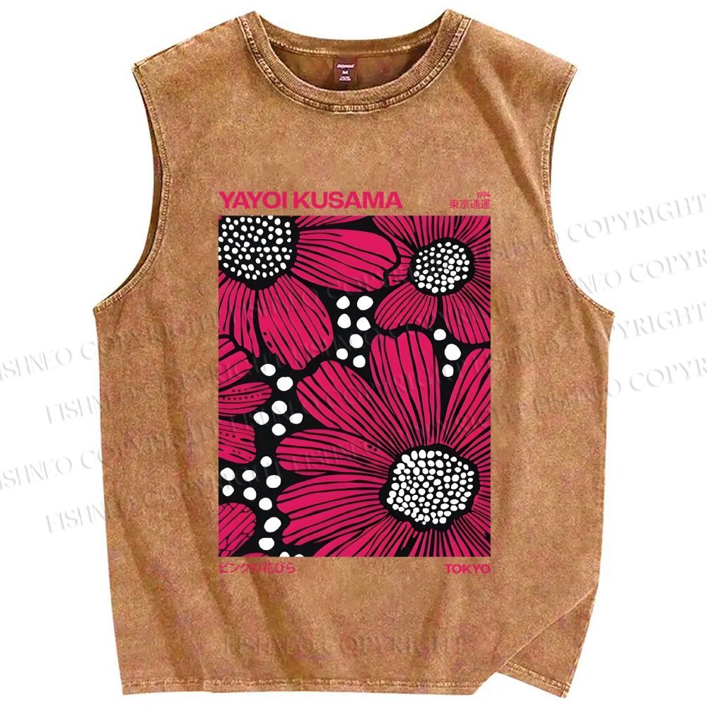 Unisex Yayoi Kusama Giant Pink Flowers Printed Washed Tank Top