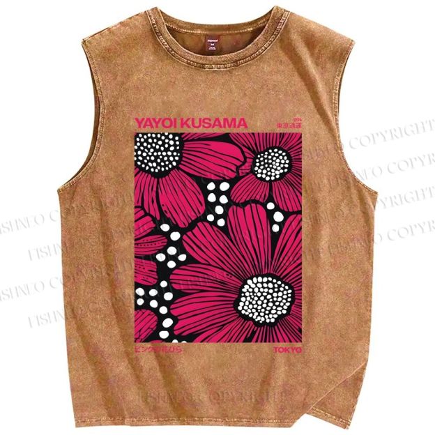 Unisex Yayoi Kusama Giant Pink Flowers Printed Washed Tank Top