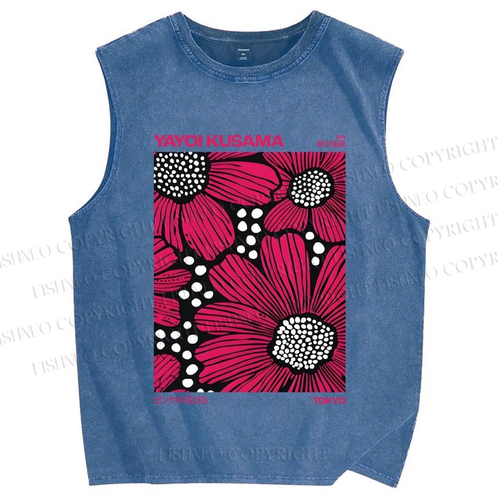 Unisex Yayoi Kusama Giant Pink Flowers Printed Washed Tank Top