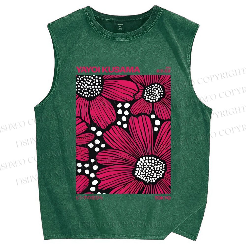 Unisex Yayoi Kusama Giant Pink Flowers Printed Washed Tank Top