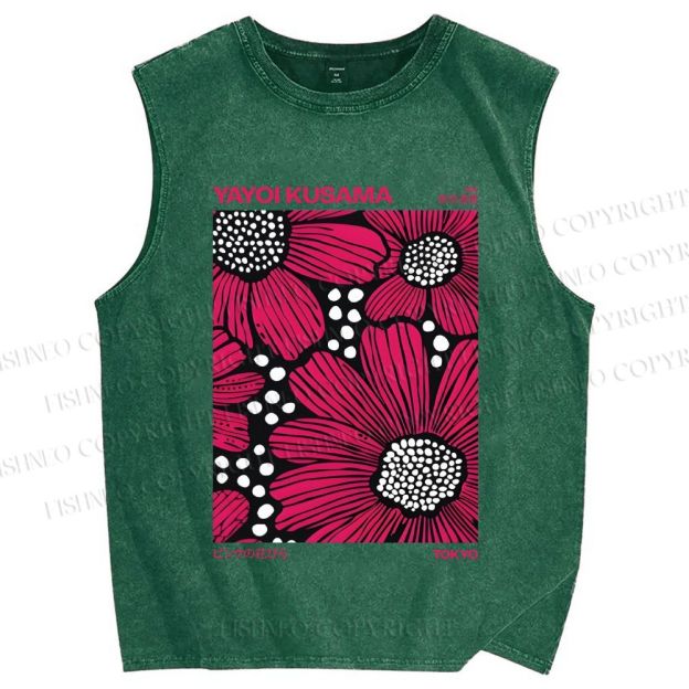 Unisex Yayoi Kusama Giant Pink Flowers Printed Washed Tank Top