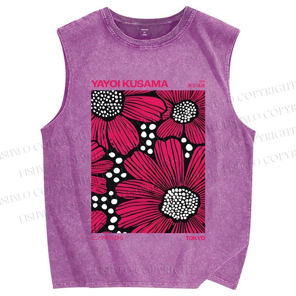 Unisex Yayoi Kusama Giant Pink Flowers Printed Washed Tank Top