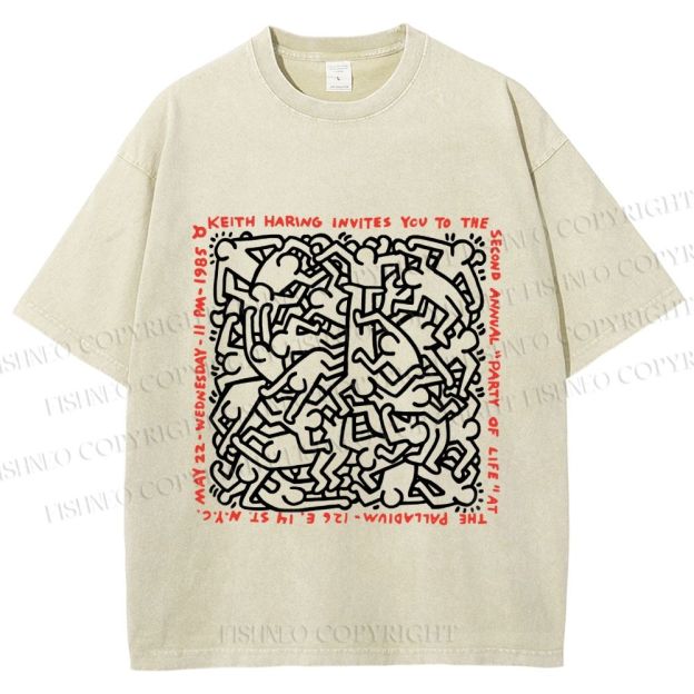 Unisex Dance of Life Haring's 1985 Invitation Printed Washed Tee