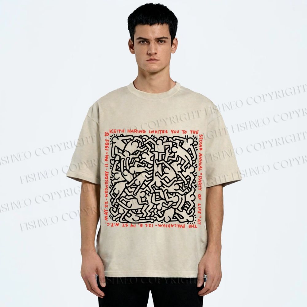 Unisex Dance of Life Haring's 1985 Invitation Printed Washed Tee