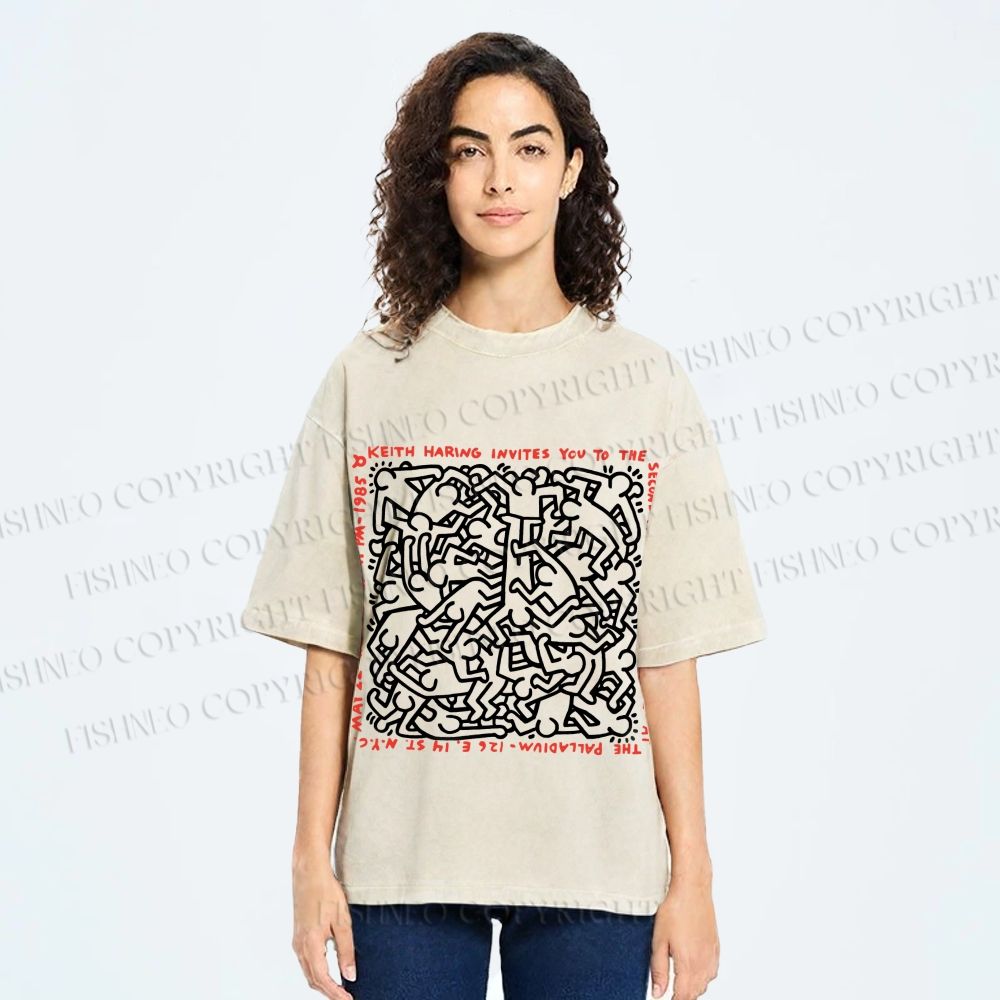 Unisex Dance of Life Haring's 1985 Invitation Printed Washed Tee