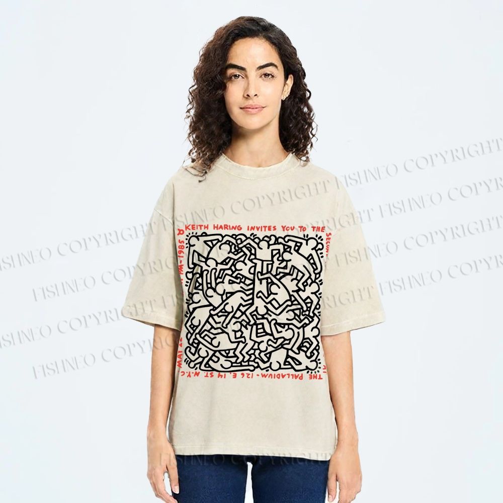 Unisex Dance of Life Haring's 1985 Invitation Printed Washed Tee