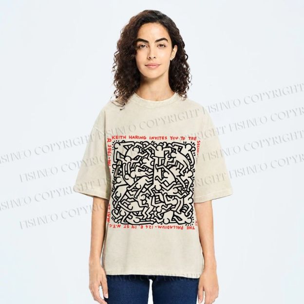 Unisex Dance of Life Haring's 1985 Invitation Printed Washed Tee