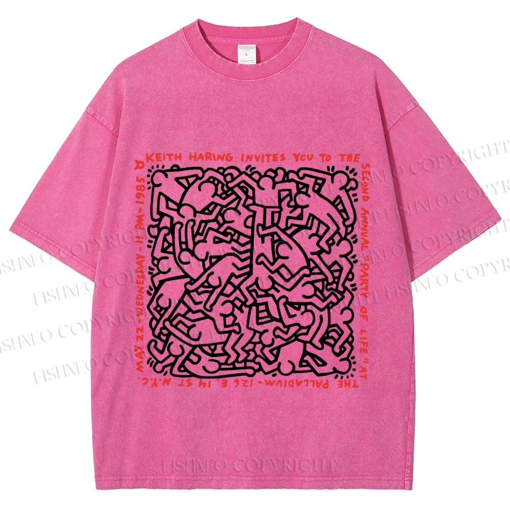 Unisex Dance of Life Haring's 1985 Invitation Printed Washed Tee