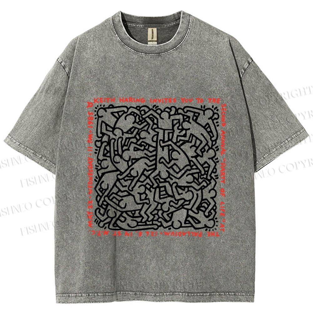 Unisex Dance of Life Haring's 1985 Invitation Printed Washed Tee