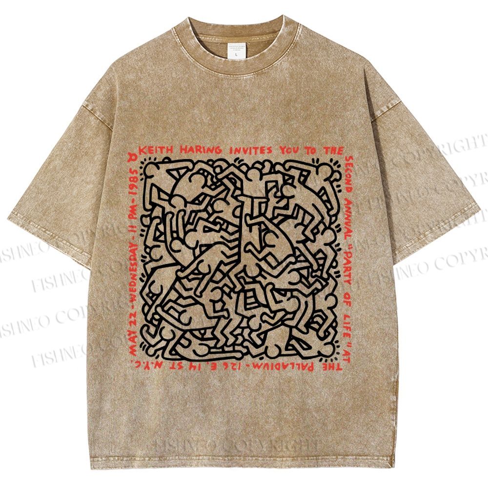 Unisex Dance of Life Haring's 1985 Invitation Printed Washed Tee