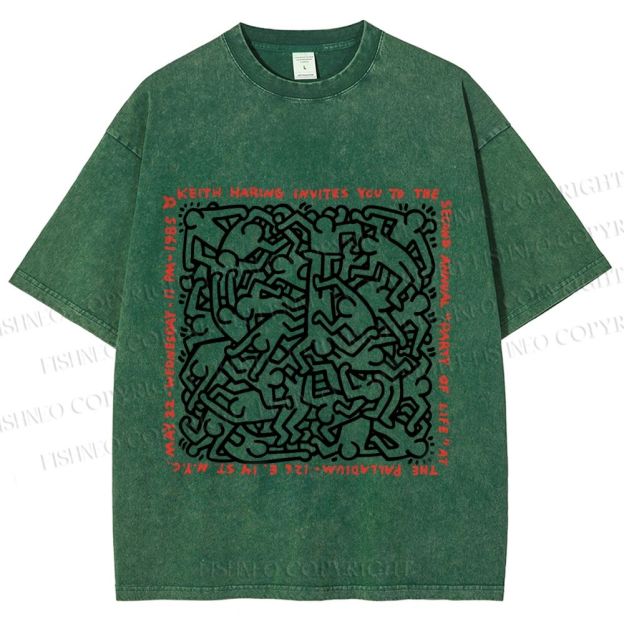 Unisex Dance of Life Haring's 1985 Invitation Printed Washed Tee