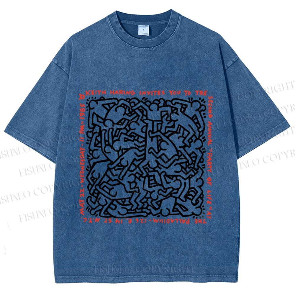 Unisex Dance of Life Haring's 1985 Invitation Printed Washed Tee