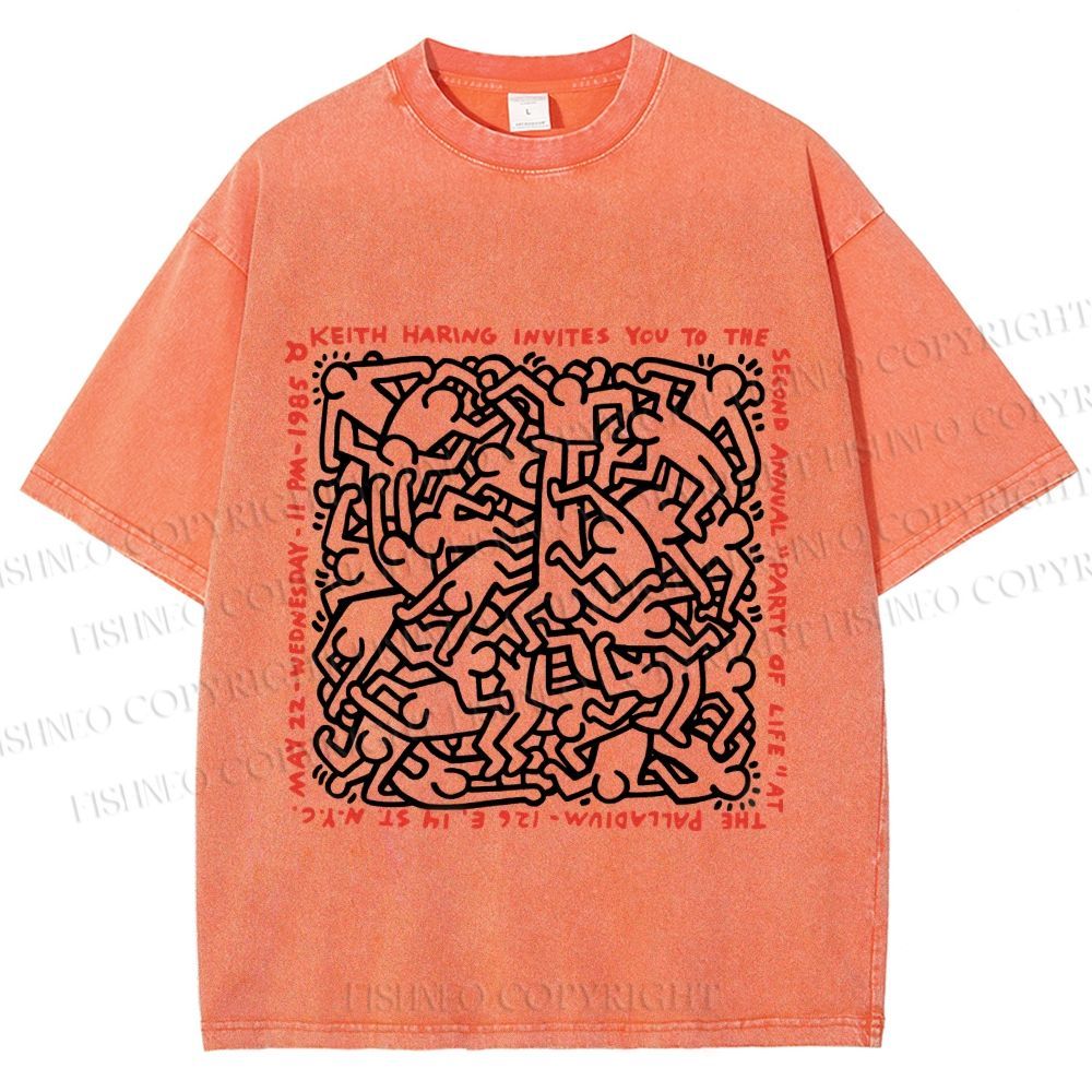 Unisex Dance of Life Haring's 1985 Invitation Printed Washed Tee