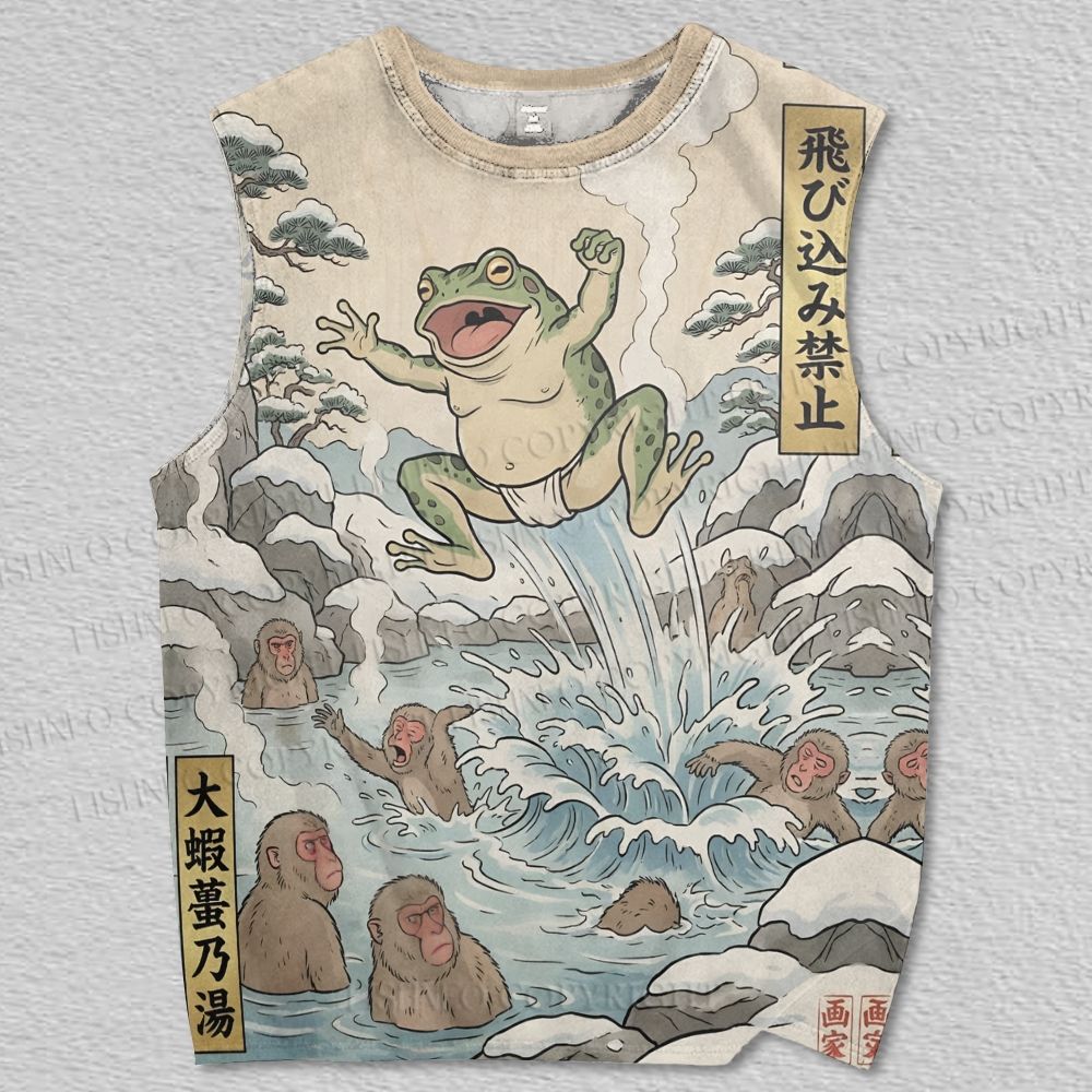 Unisex Froggy Splash Monkey Bath Japanese Ukiyo-e Parody Printed Tank Top