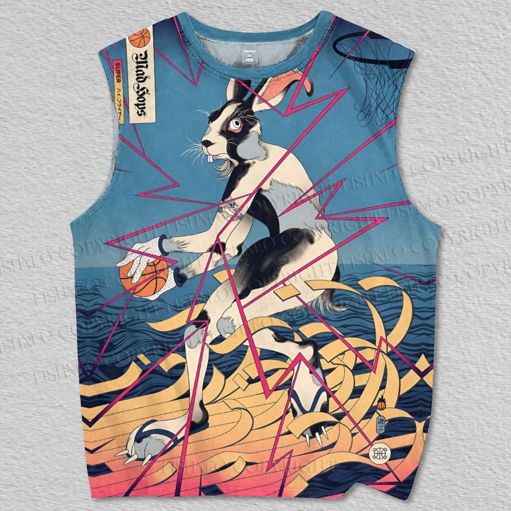 Unisex Japanese Ukiyo-e Rabbit Play Basketball on Sea Printed Tank Top