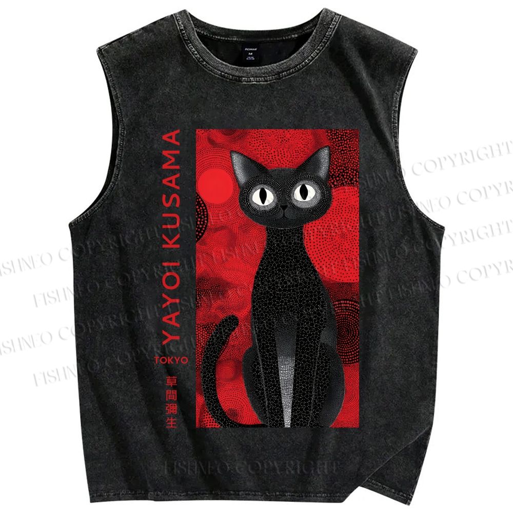 Unisex Yayoi Kusama Black Cat Printed Washed Tank Top