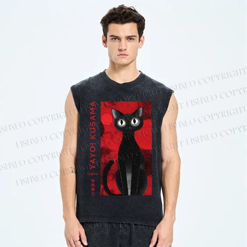 Unisex Yayoi Kusama Black Cat Printed Washed Tank Top