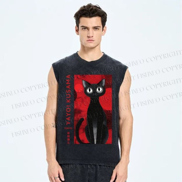 Unisex Yayoi Kusama Black Cat Printed Washed Tank Top