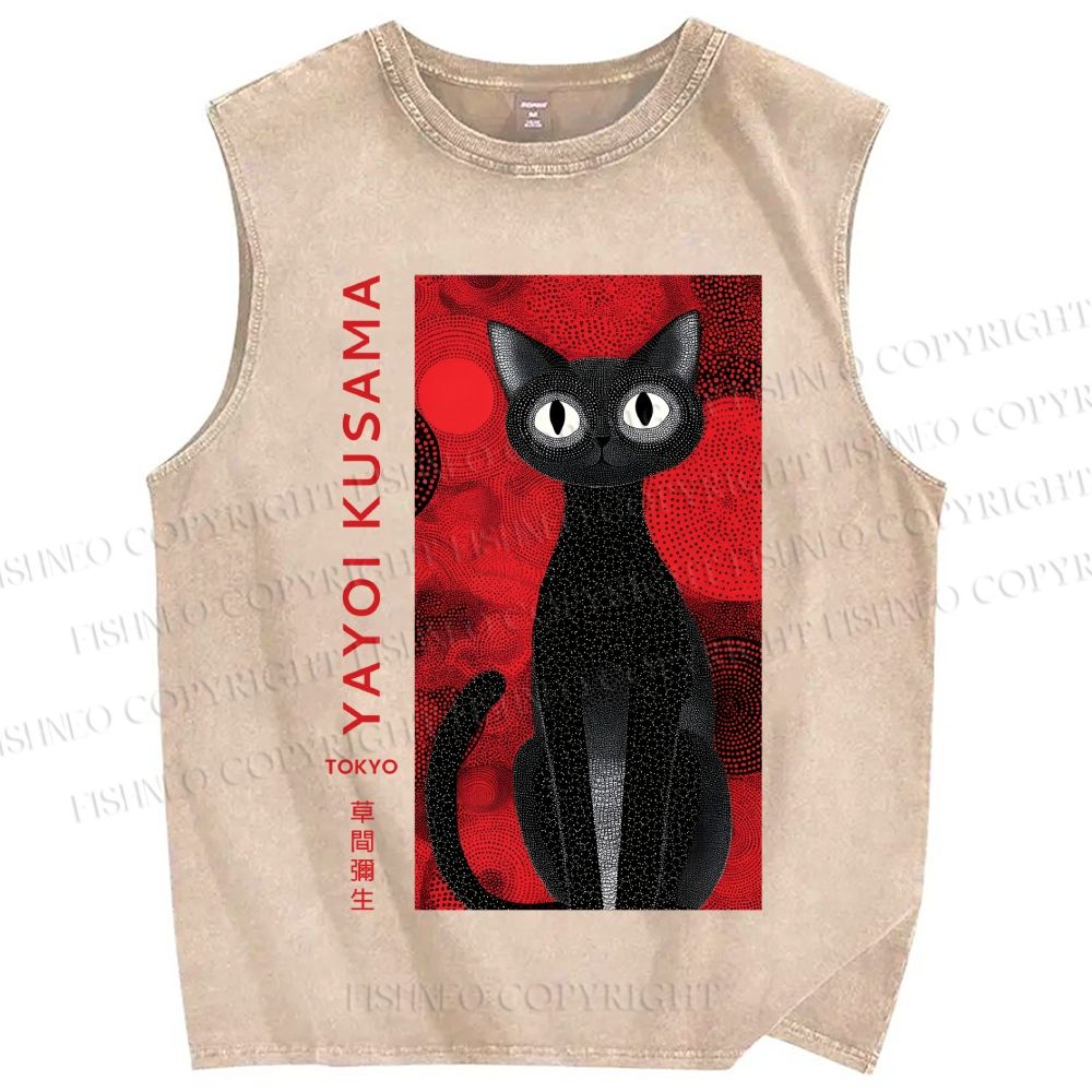 Unisex Yayoi Kusama Black Cat Printed Washed Tank Top