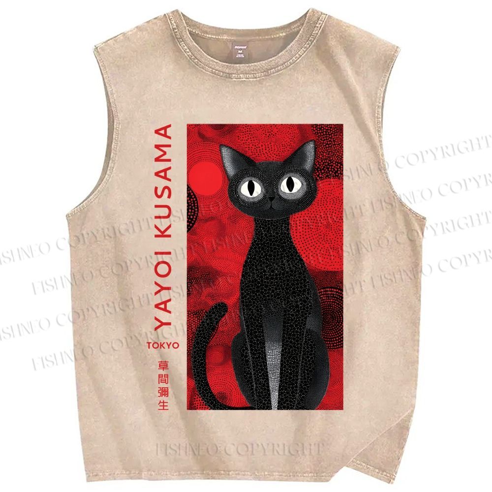 Unisex Yayoi Kusama Black Cat Printed Washed Tank Top