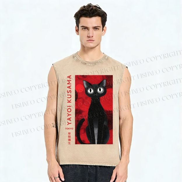 Unisex Yayoi Kusama Black Cat Printed Washed Tank Top