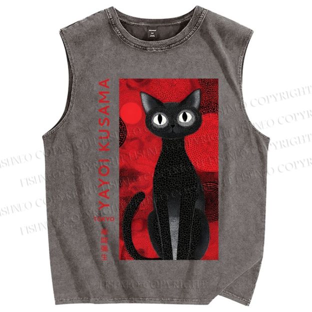 Unisex Yayoi Kusama Black Cat Printed Washed Tank Top