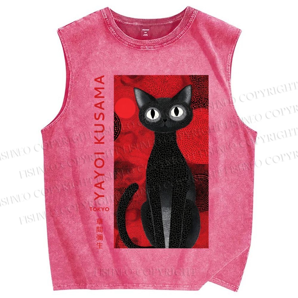 Unisex Yayoi Kusama Black Cat Printed Washed Tank Top