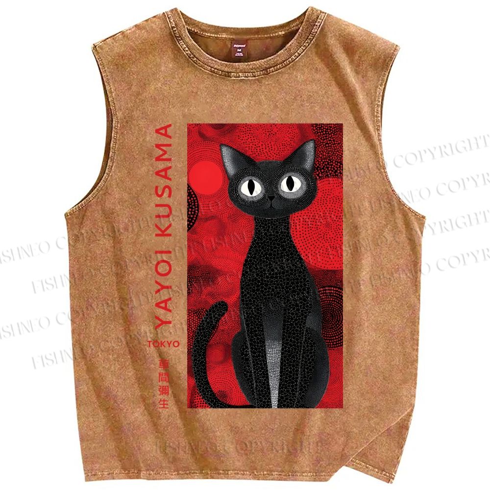 Unisex Yayoi Kusama Black Cat Printed Washed Tank Top