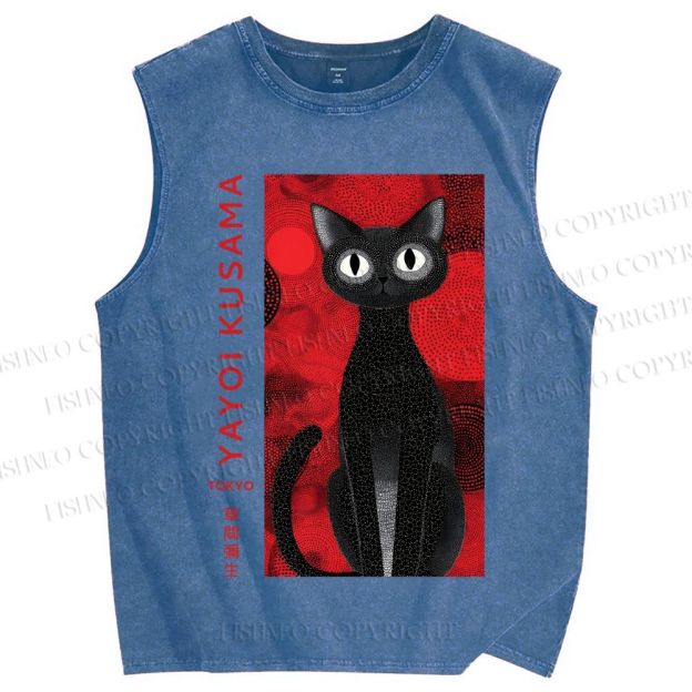 Unisex Yayoi Kusama Black Cat Printed Washed Tank Top